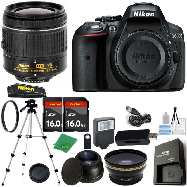 Cámara Réflex Digital NIKON D5300 DX - Versión Internacional + Lente AF-P de 18-55 Mm + KIT de Inicio + Trípode + 2 Tarjetas SD de 16 Gb + Lector + Estuche + Gran Angular + TELE + FLASH
