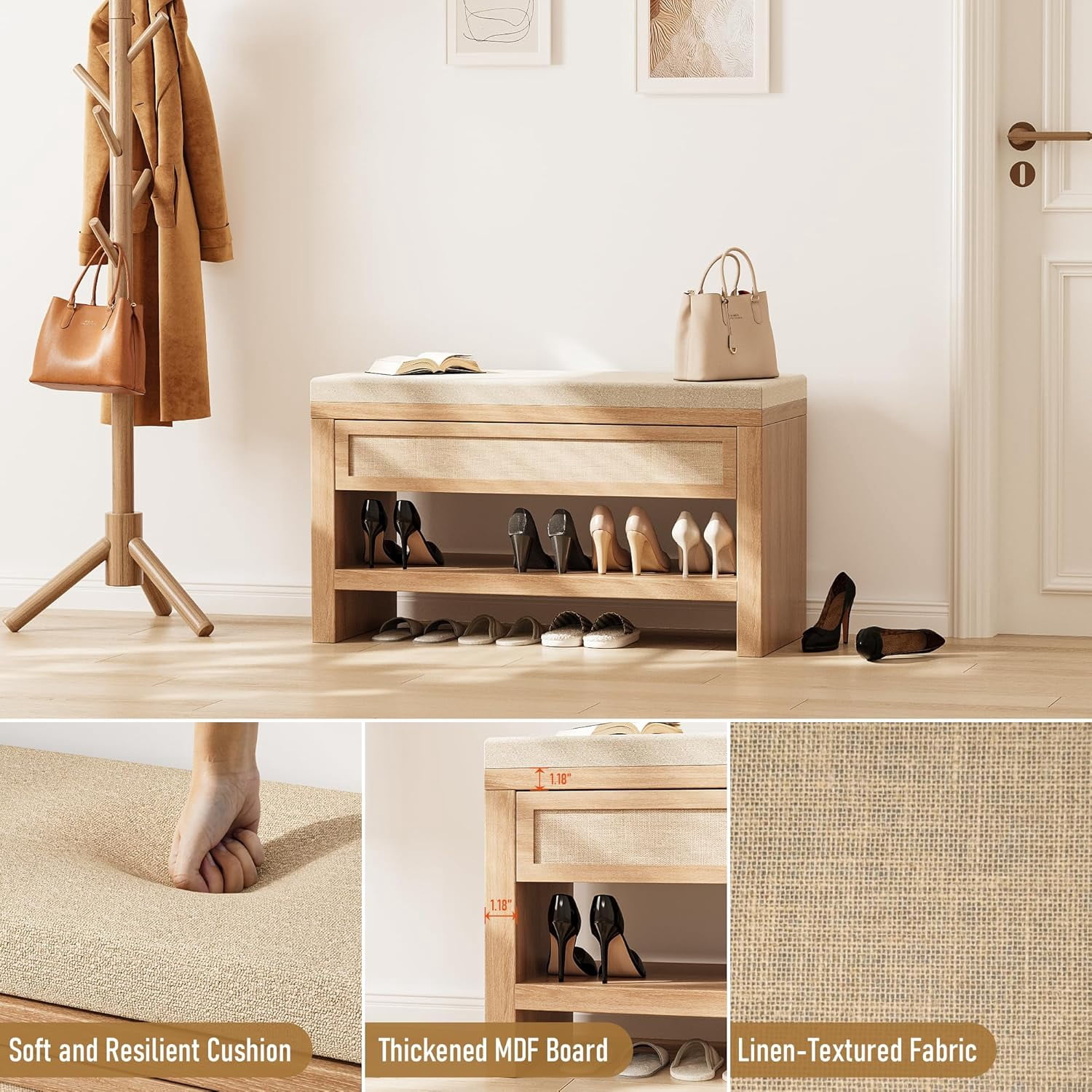 32” Shoe Bench with Storage Drawer, Farmhouse Entryway Bench with Linen Seat Cushion, Wooden Shoe Rack with Shelf for Entryway Hallway Living Room Bedroom, Oak