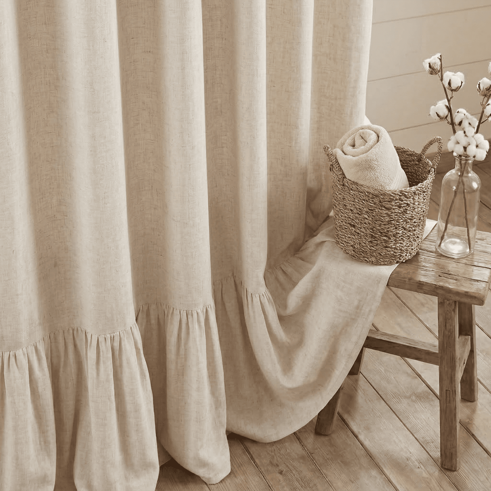 NixiYa Farmhouse Shower Curtain Ruffle Linen Shower Curtain for Bathroom Beige 72"x72"