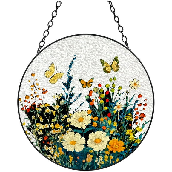 Wild Flowers and Butterflies Stained Glass Suncatcher Colored Handmade Window Hangings Glass Suncatcher Crafts Kits for Indoor Garden Christmas Decor and Memorial 16x16cm(7)