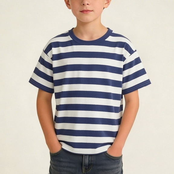 WAVSUF Boys Short Sleeve T-shirts, Lightweight Stripe Graphic Round Neck Casual Outdoor Running Sports Tee Dark Blue Size 13-14