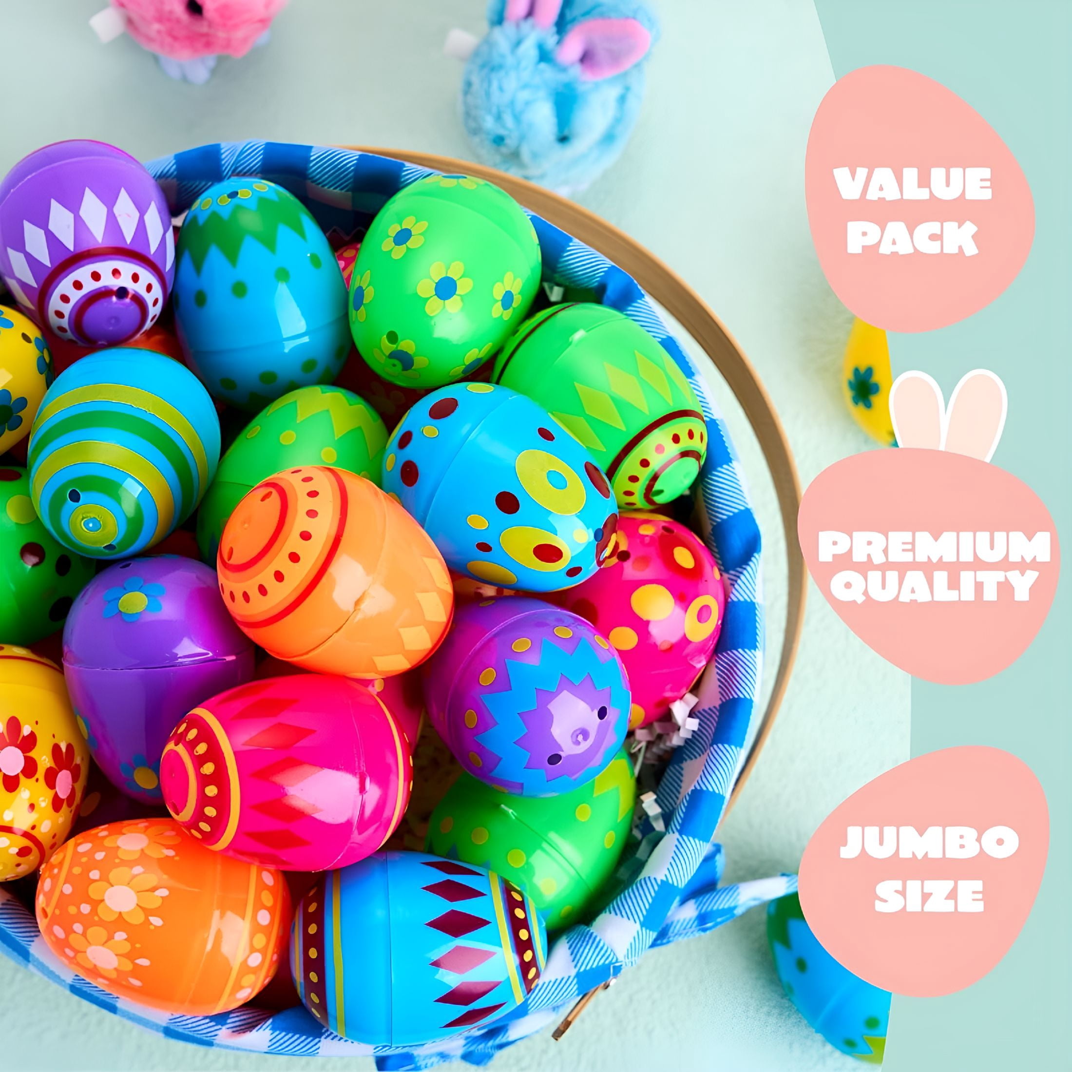 XIBUFE 2026 New 100 Pcs Plastic Printed Easter Eggs,2.3" Fillable Empty Easter Eggs for Easter Hunt,Basket Stuffers Fillers,Classroom Prize Supplies,Filling Treats and Party Favor