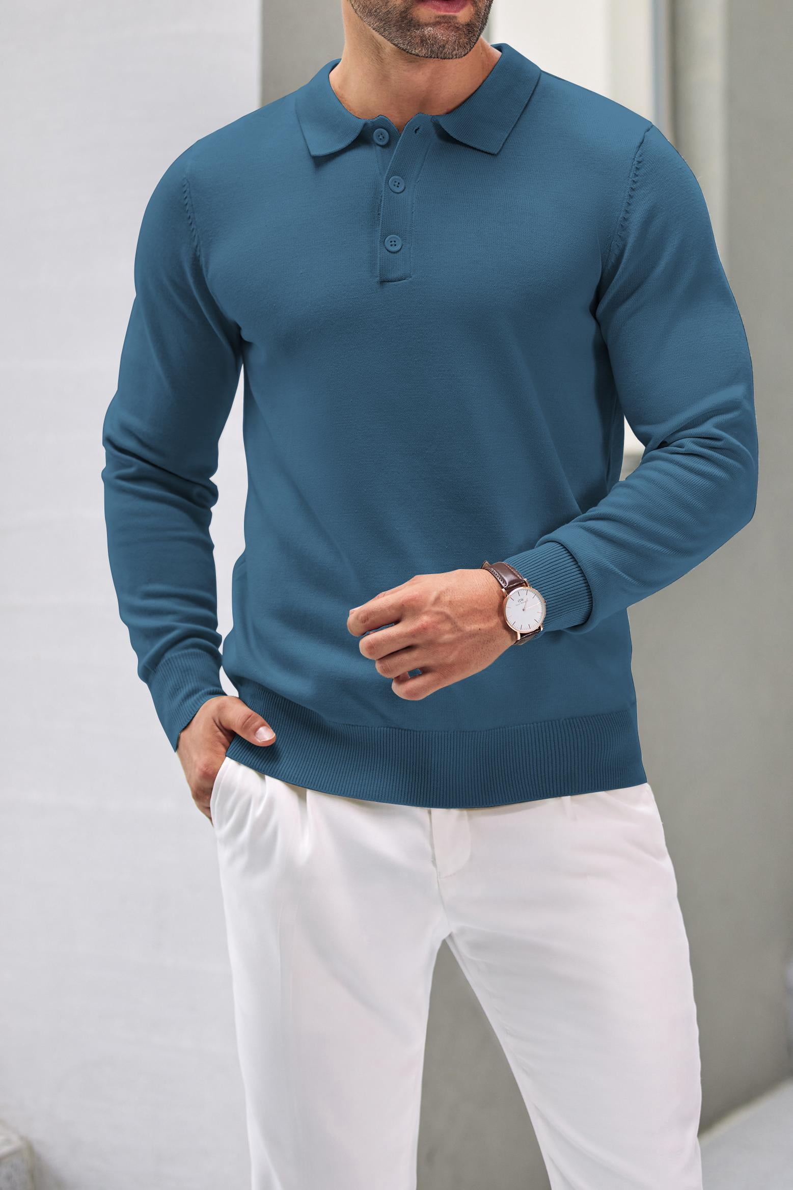 COOFANDY Mens Polo Shirts Pullover Long Sleeve Knit Lightweight Sweater Casual Golf Shirts Denim Blue