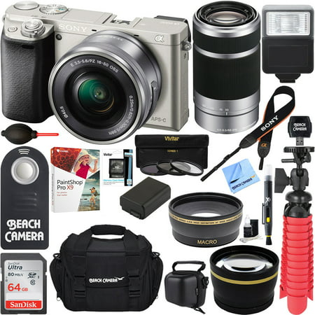 Sony Alpha a6000 24MP Mirrorless Camera 16-50mm & 55-210mm Zoom Lens (Silver) + 64GB Accessory Bundle + Deluxe Gadget Bag + Extra Battery+Wide Angle Lens+2x Telephoto (Sony A6000 Best Price)