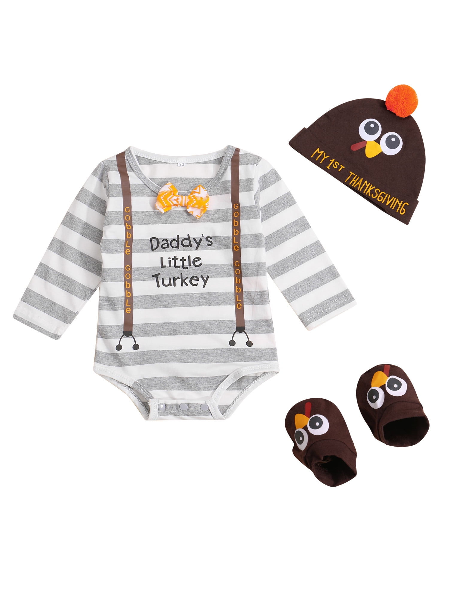Newborn Infant Baby Boy Girl 3pcs Thanksgiving Outfit Daddys Little Turkey Long Sleeve Romper Turkey Hat Sock Set 