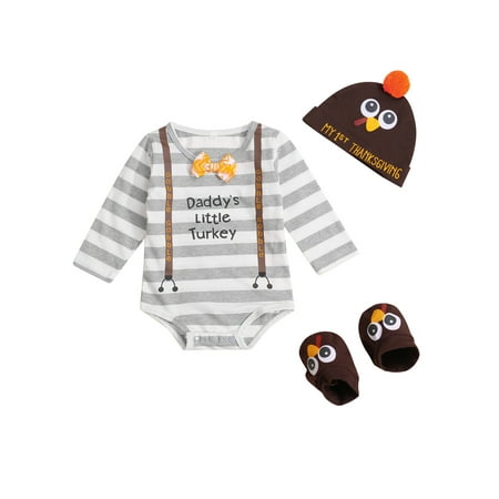 

Newborn Baby Boy Girl Thanksgiving Outfit Long Sleeve Letter Striped Romper Hat Shoes 3Pcs Clothes Set