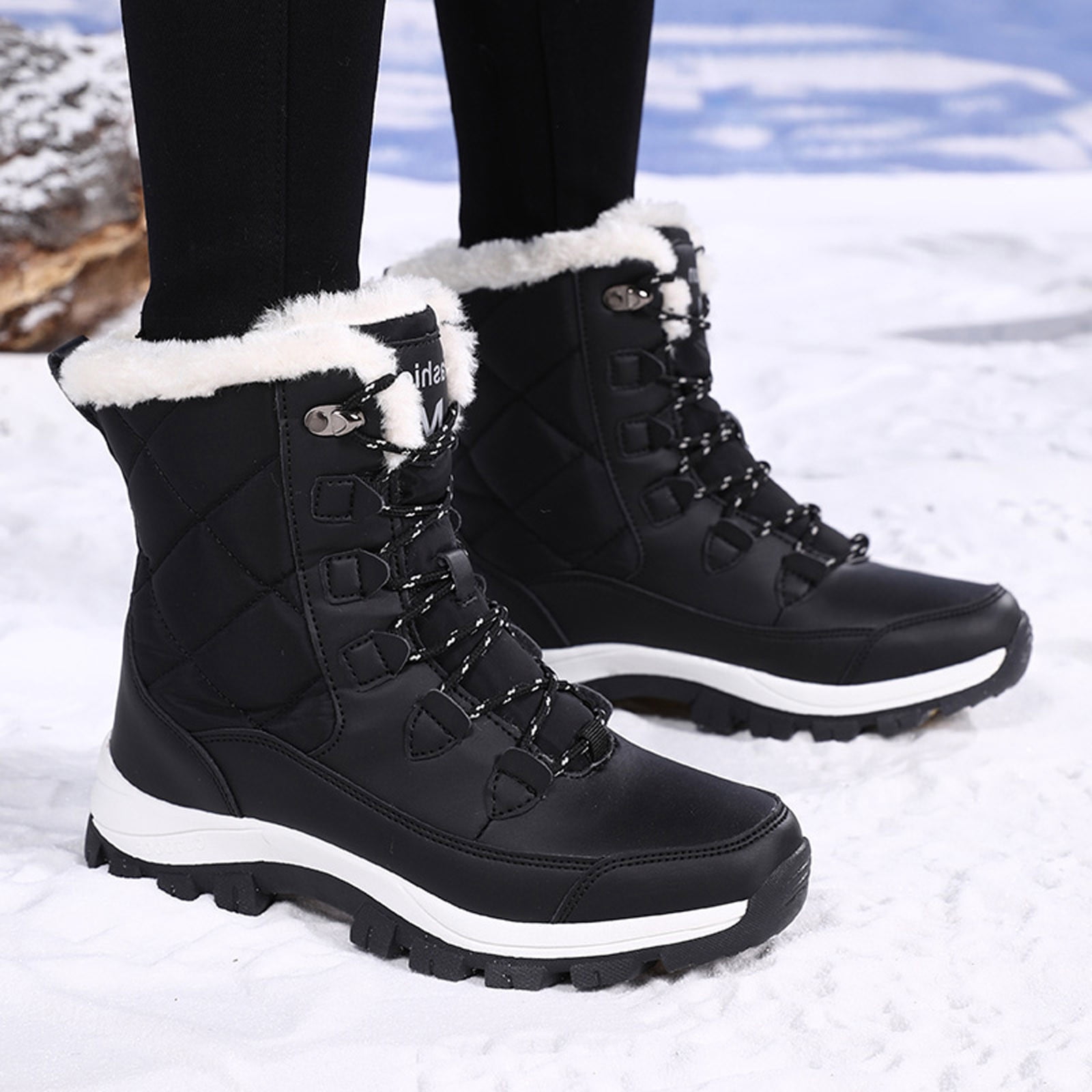 Gyexs Womens Snow Boots Waterproof Insulated, Womens Winter Shoes Wide, Adjustable, Bungee, Hiking, Bump Toe, Outerwear, Black, Size 7