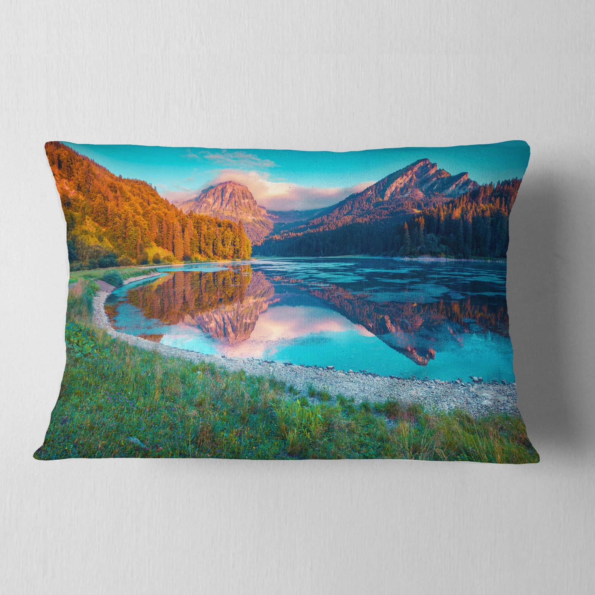 Designart Beautiful Swiss Lake Obersee - Landscape Photography Throw Pillow - 12x20