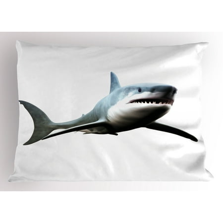 Shark Pillow Sham Digital Illustration of Wild Sea Creature Character Computer Art Artifical Image, Decorative Standard Size Printed Pillowcase, 26 X 20 Inches, Blue Grey White, by Ambesonne