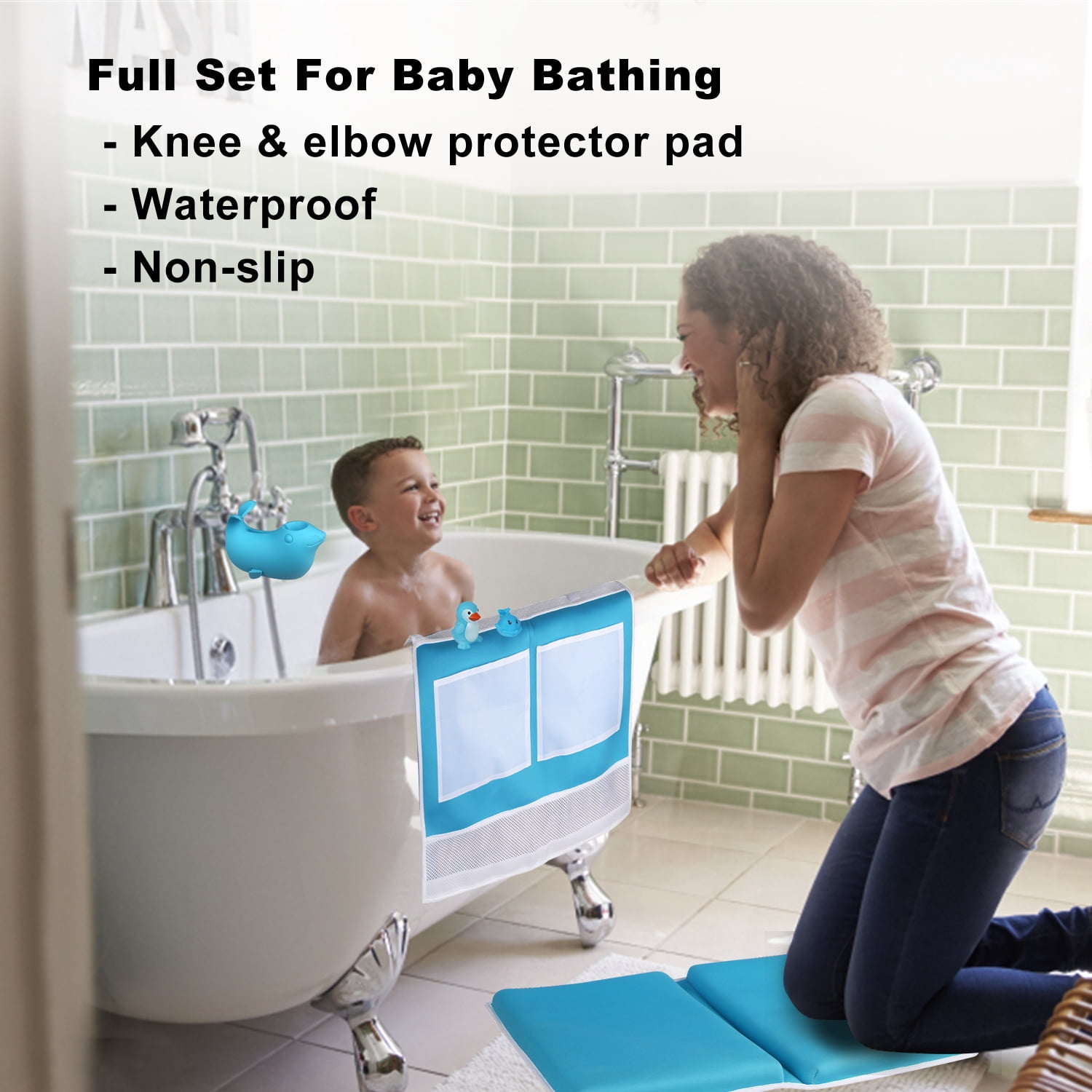 Bath Kneeler and Elbow Rest Pad Set - Bath Kneeling Mat with Toy Organizer - Bath Spout Cover Blue Sea Lions
