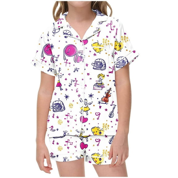 Odeerbi 2-12 Years Toddler Boys Girls Summer Satin Pajamas Notched Lapel Short Sleeve Shirts Shorts Set Soft Loungewear Cute Print Sleepwear Silk Pajama Set Toddler Boys Girls Clothes