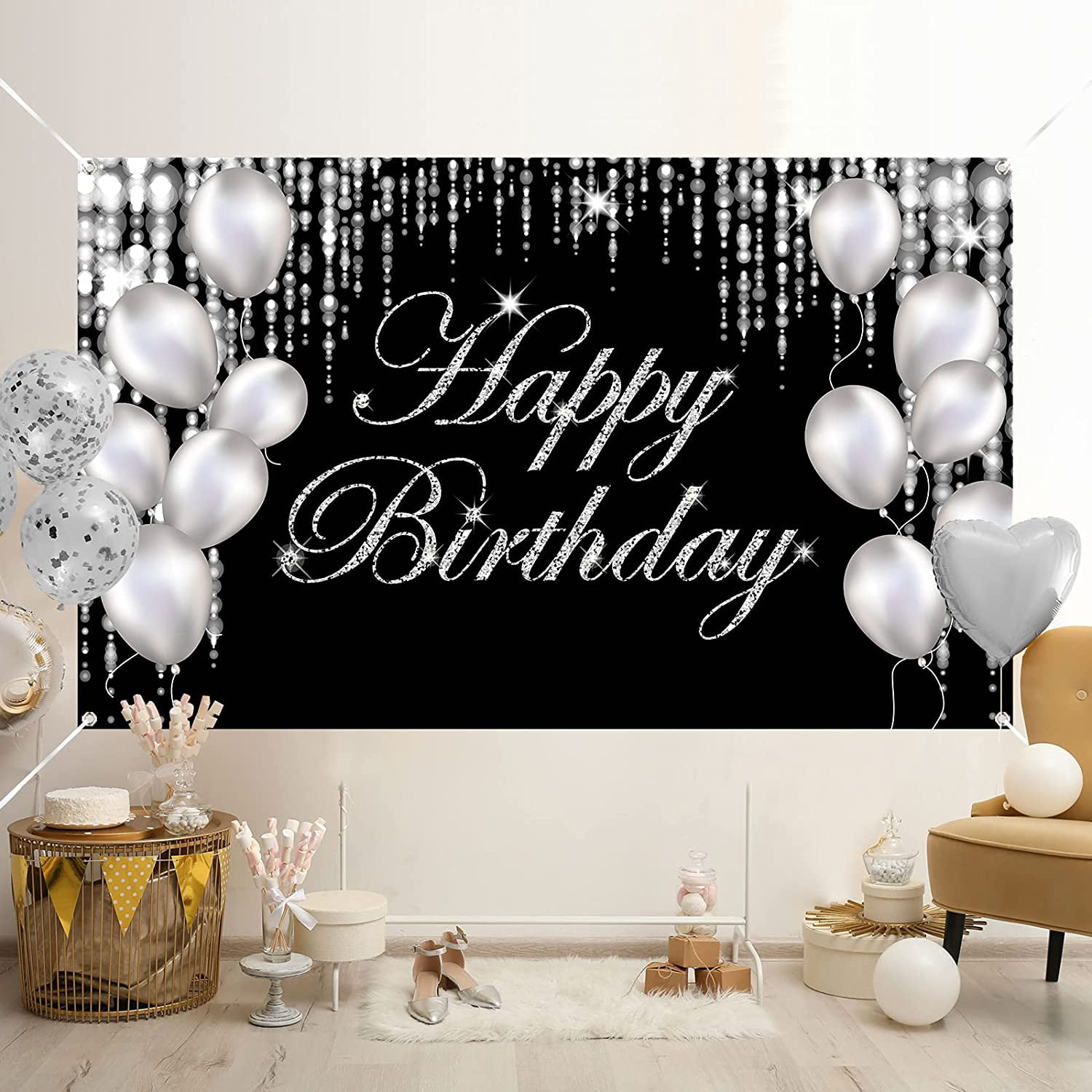 Silver Happy Birthday Banner Backdrop Large Happy Birthday Yard Sign  backgroud It's My Birthday Backdrop Baby Shower Party Indoor Outdoor Car  Decorations Supplies for Men Women Boys Girls 