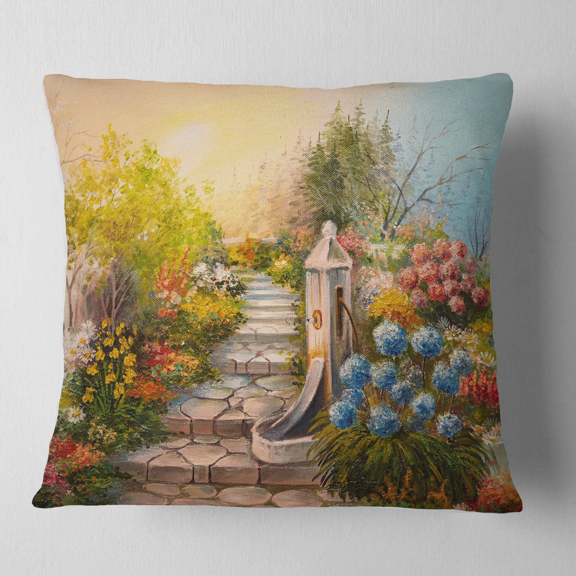 Designart Stone Stairs in Forest - Landscape Painting Throw Pillow - 16x16