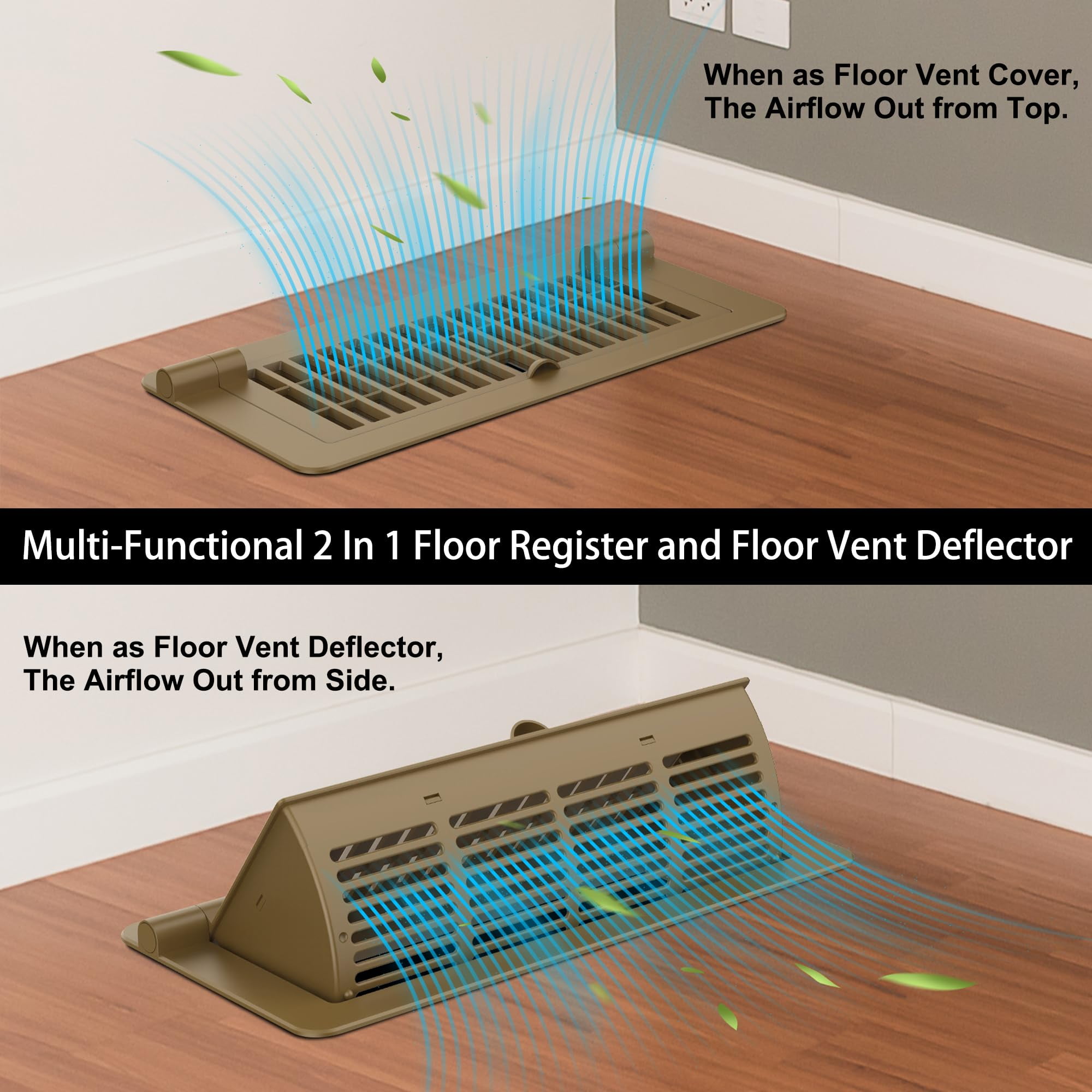 2Pack 2-in-1 Vent Deflectors & Floor Vent Covers, Adjustable Floor Register 4x10, Air Vent Deflector for Home Floor, Office, Ceiling, Tool-Free Install-Brown