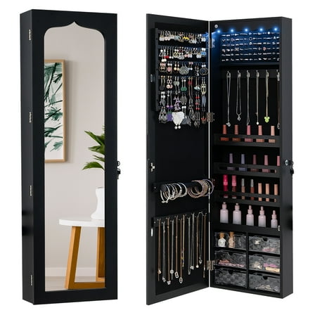 Gymax Jewelry Armoire w/ Full-Length Mirror w/ Built-in LED Lights Hooks Shelves