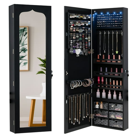Gymax Jewelry Armoire w/ Full-Length Mirror w/ Built-in LED Lights Hooks Shelves