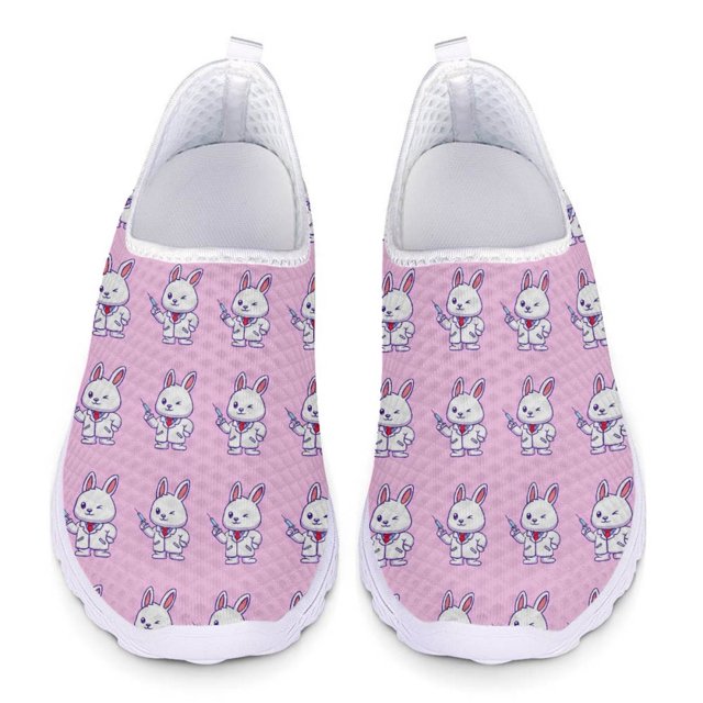 Zapatos casuales con estampado de conejito de enfermera de dibujos animados lindos para damas, zapatillas planas cómodas de verano para mujeres, zapatos de enfermera de trabajo de hospital para mujere