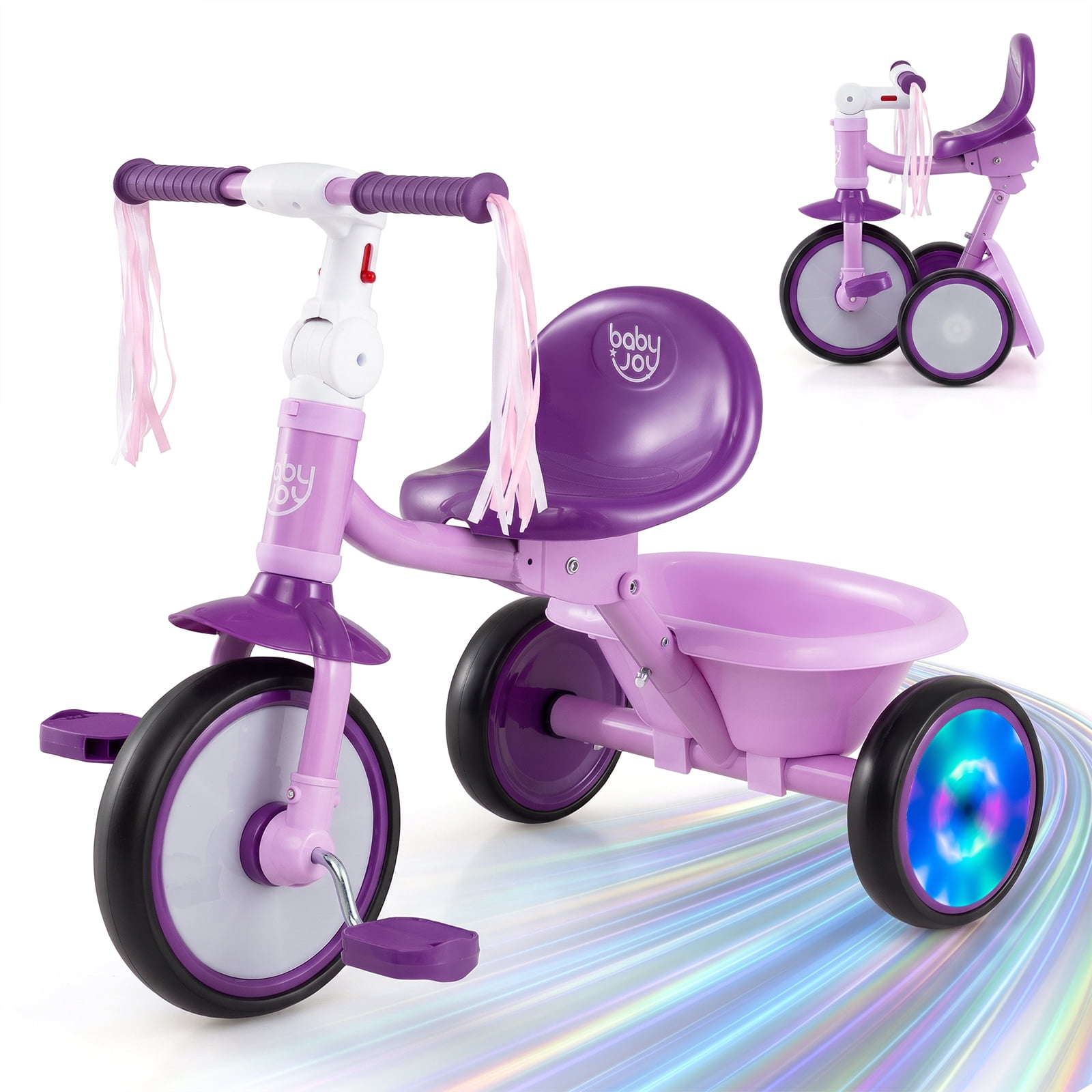 Babyjoy Foldable Toddler Tricycle with Lighting Wheels, Adjustable Seat, Storage Basket Purple