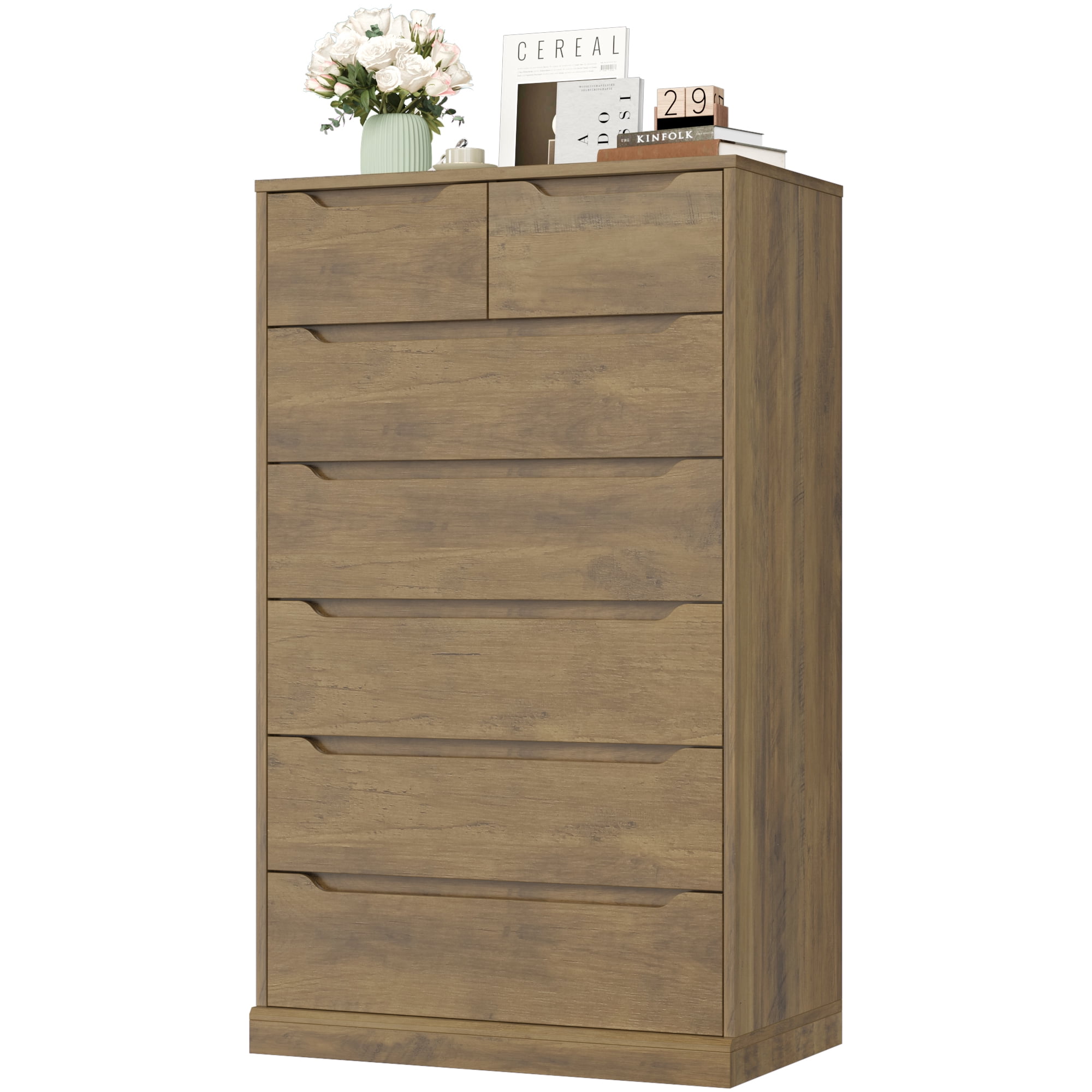 Homfa Vertical 7 Drawer Dresser, 51.3 in Tall Wood Storage Cabinet with Upgraded Stable Base for Bedroom Living Room, Rustic Brown