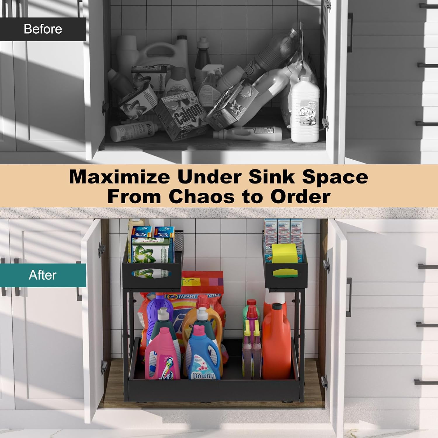 Under Sink Organizer, 14"-21" Width Expandable, 13"-17" Height Adjustable, 2 Tier Metal Pull Out Under Sink Storage Rack with 3 Sliding Rails for Kitchen Bathroom Cabinet, Double Side