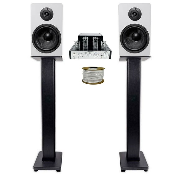 Rockville BluTube Tube Amplifier+(2) 6.5" White Bookshelf Speakers+36" Stands + Rockville BLUE 14G50 OFC 14 Gauge 50 Foot 100% Copper Speaker Wire