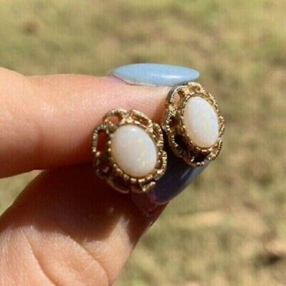 2Ct Oval Cut Lab Created Fire Opal Women's Stud Earrings 14K Yellow Gold Plated.