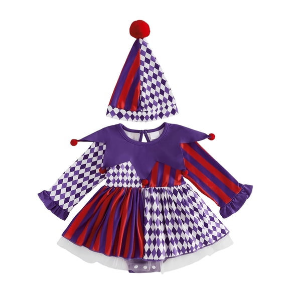 Baby Girls Boys Clown Outfit Pom Jester Romper Long Sleeve Holiday Party Cute Playsuit with Hat Onesis Cosplay Outfits Purple 12-18 Months