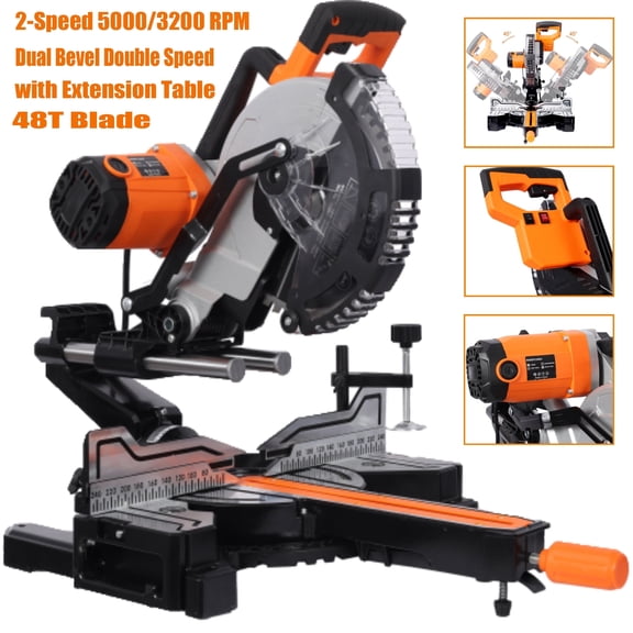 Elleree 15 Amps 10 Inch Electric Compound Miter Power Saw, 2-Speed Dual Beveling Sliding Miter Saw with LED Light & Extension Table 48T Blade
