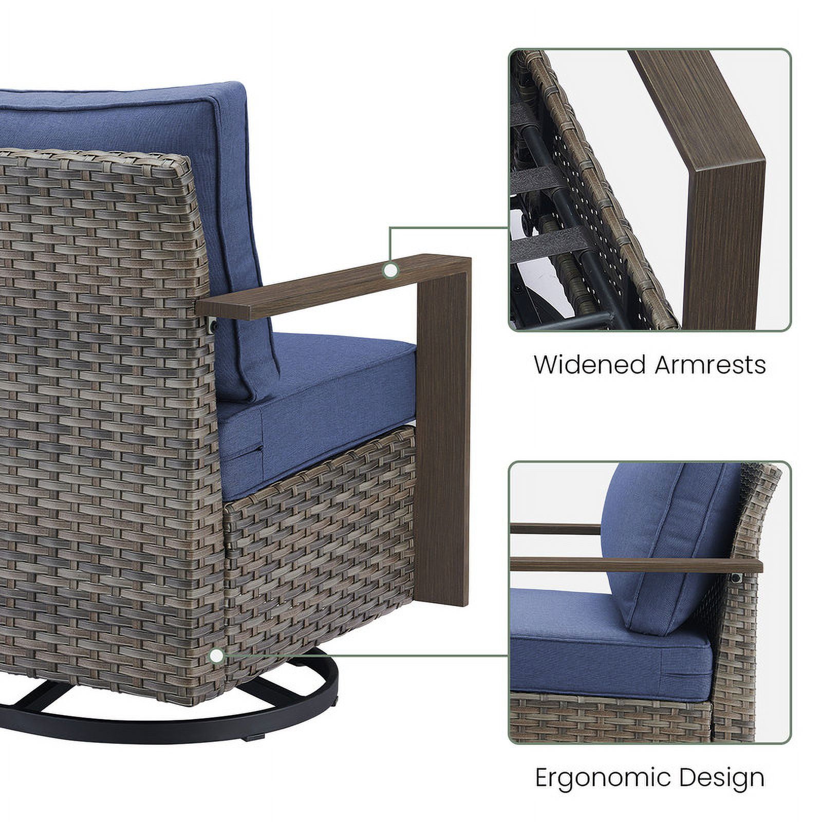 PARKWELL Classic Swivel Glider Chair Set of 2, Patio Cushioned Lounge Swivel Rocker Arm Chair for Balcony Yard,Gray Wicker and Navy Cushions