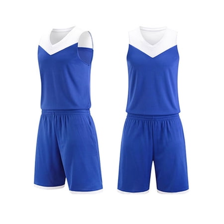 Dagugfen Basketball Sets for Teen Boys Girls Color Blocked Sleeveless Crewneck Tank Tops Elastic Waist Loose Shorts Athletic Workout Training Sets(5-6 Years D-Blue)