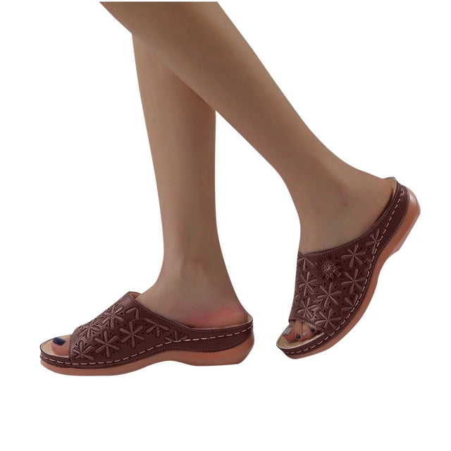 Wedge Sandals for Women Slide Open Toe Arch Support Flower Embroidery Orthopedic Sandals Wine