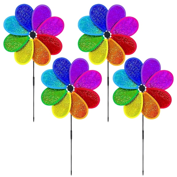 4Pcs Flower Spinner Sparkly Pinwheels Colorful Rainbow Garden Windmill for Garden Party Outdoor Yard Decoration