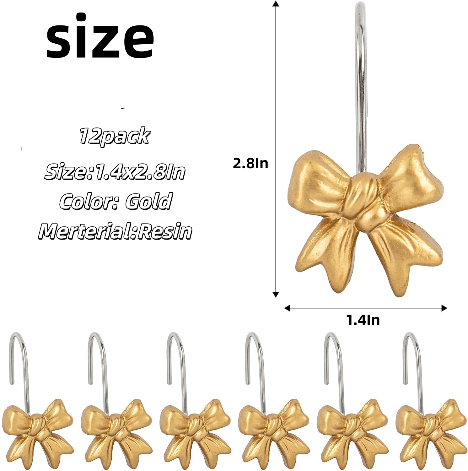 Bow Knot Shower Curtain Hooks,Rustproof Shower Hangers,Pack of 12 Resin Bow Curtain Hooks for Bathroom,Room,Art Decors (Gold)
