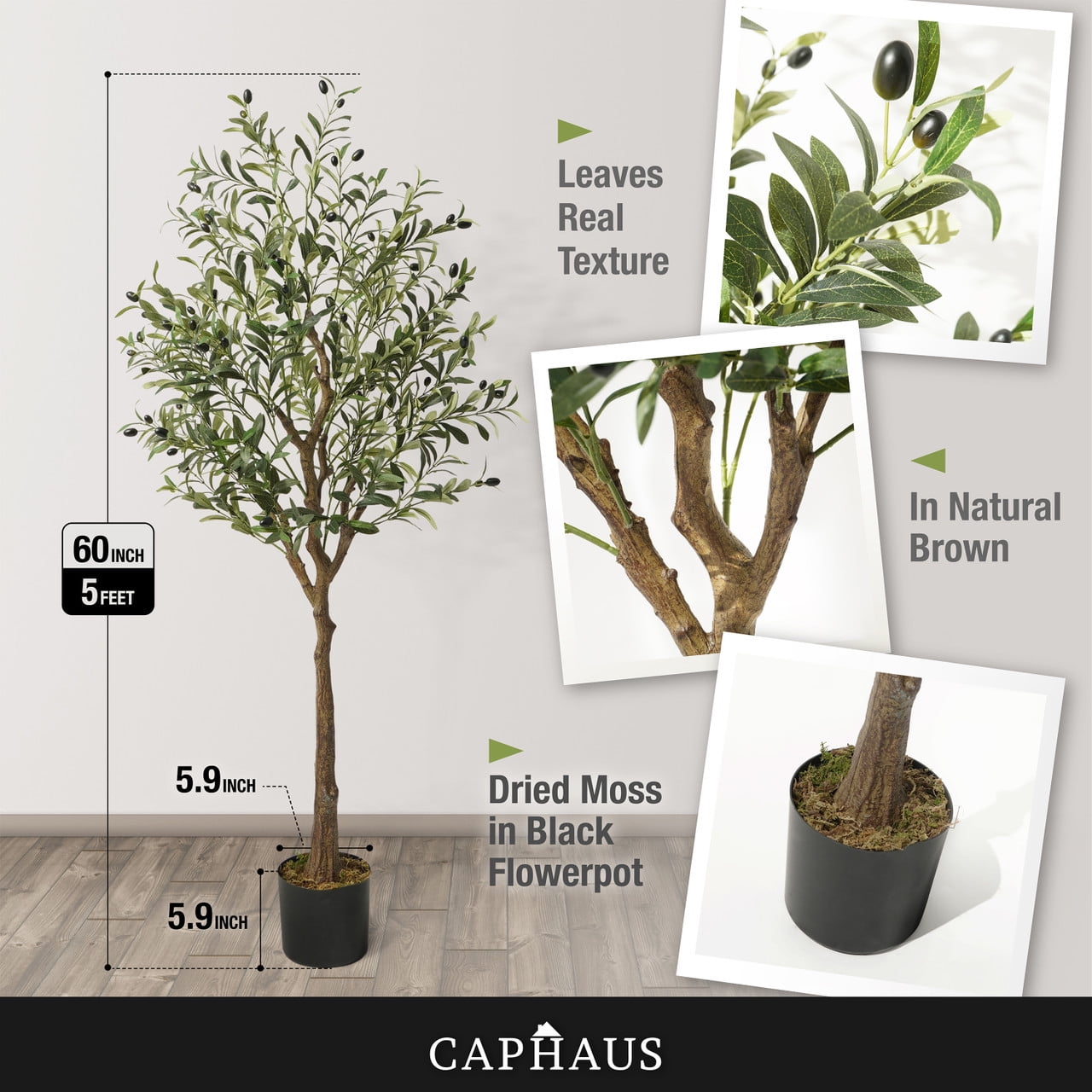 CAPHAUS Artificial Olive Tree, 5 / 6 / 7 Feet Fake Potted Topiary Tree with Dried Moss, Faux Olive Branch and Fruit, Faux Plant in Pot for Indoor Home Office Modern Decoration Gift for Housewarming