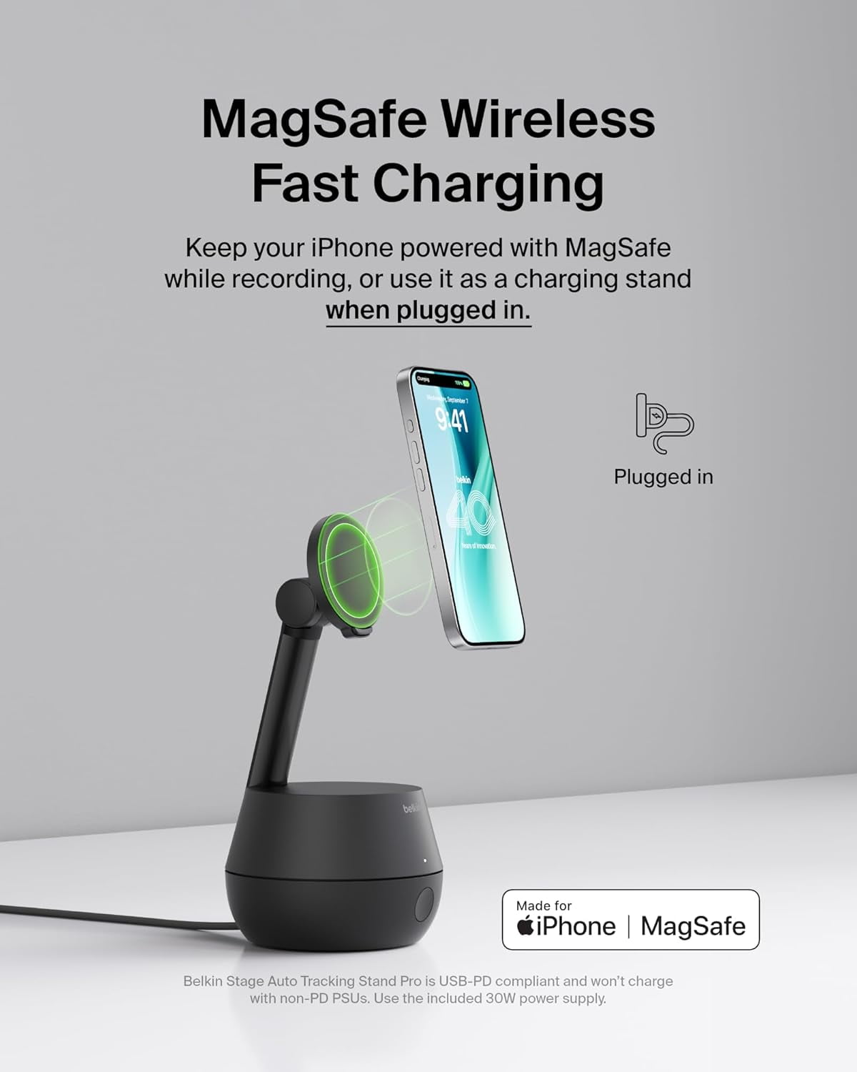 Belkin Wireless Charger Stand, Auto Face Tracking, Apple DockKit Certified, Tripod & MagSafe Compatible, No App Required, 360° Rotation, Influencer Belkin Wireless Charger Stand, Auto Face Tracking, Apple DockKit Certified, Tripod & MagSafe Compatible, No App Required, 360° Rotation, Influencer