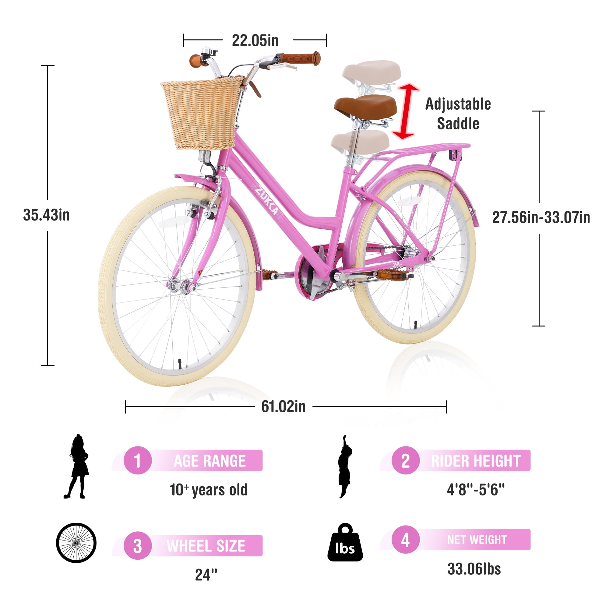 Aukfa 24 inch Cruiser Bike with Basket, Cruiser Bike Children's Bicycle for 10+ Years Old Kids, Pink