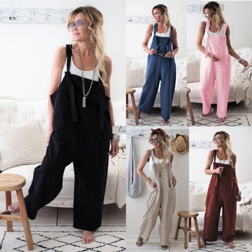 Women Casual Overalls Jumpsuit Bib Trousers Linen Dungarees Wide Leg Pants
