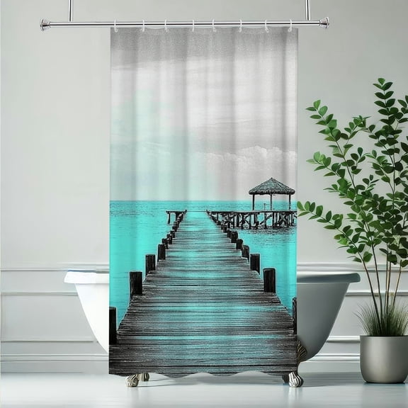 RKSupls Christmas Shower Curtain, Seaside Scenery Shower Curtain with Hooks for Christmas Home Bathroom Decor Washable Curtains, 36x72 in