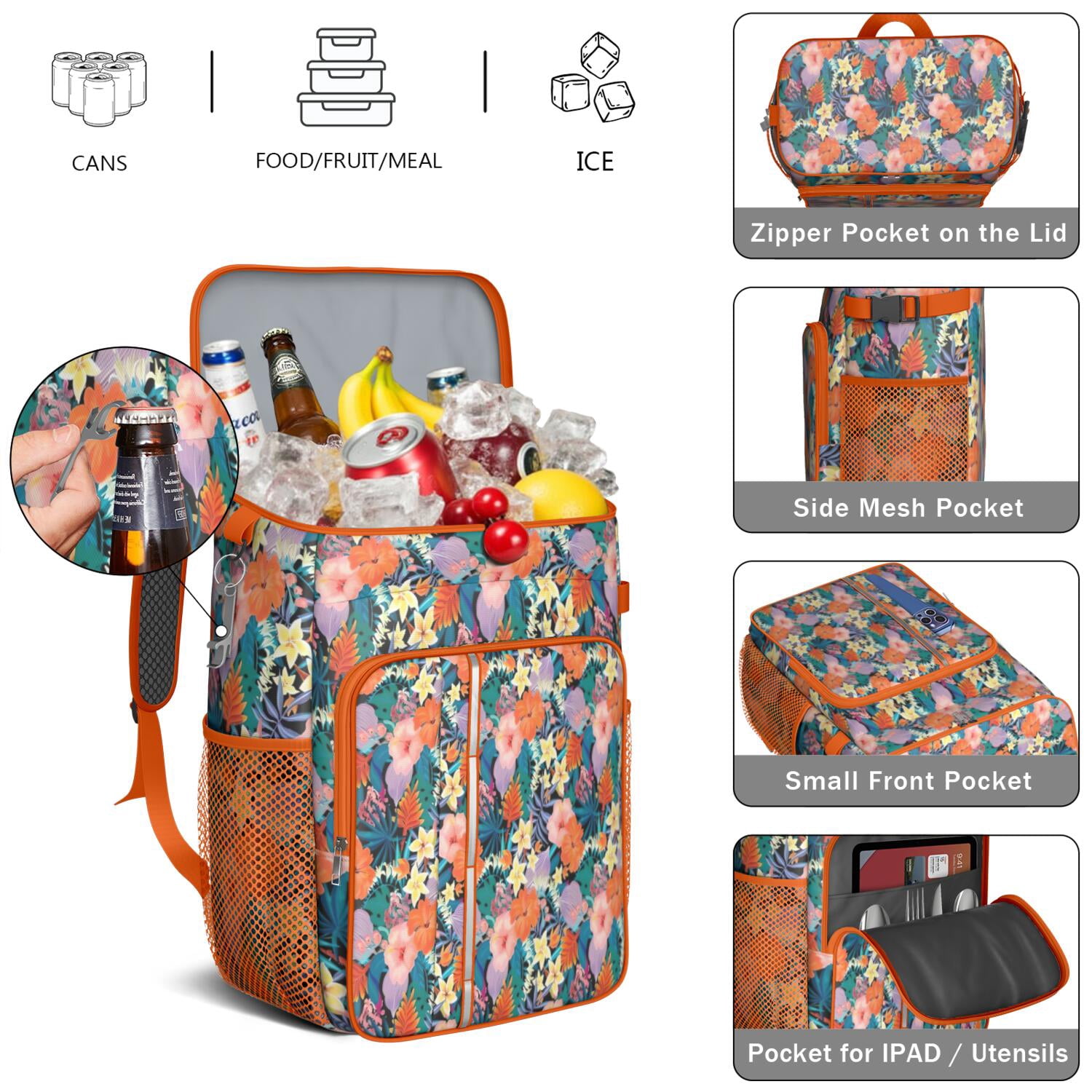 Travel Cooler Bag - Pioneer Flower Floral Print Pattern Camping Beer Cooler Backpack with Bottle Opener- Waterproof Insulated Picnic Backpacks - Cooler Bag for Beach