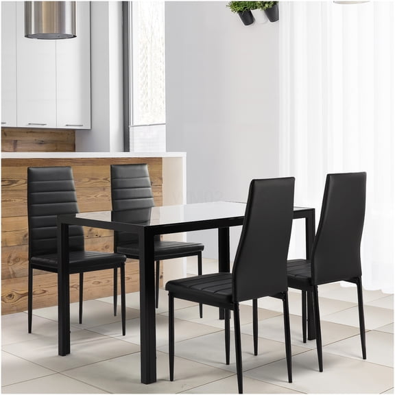 5-Piece Black Glass Dining Table Set for 4 with Faux Leather Chairs, Modern Kitchen Room Furniture