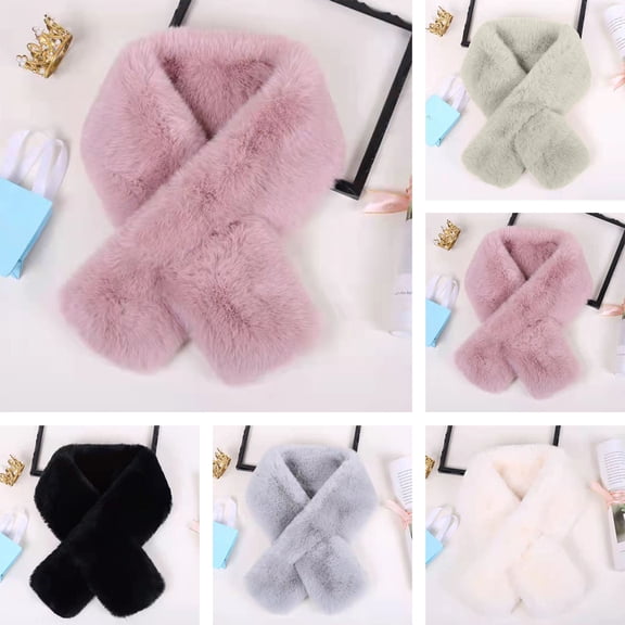 Skymirror Cross Scarf Faux Rabbit Fur Thickened Soft Cozy Plush Cold Resistant Solid Color Autumn Winter Women Neck Warmer Collar Scarf for Daily Life