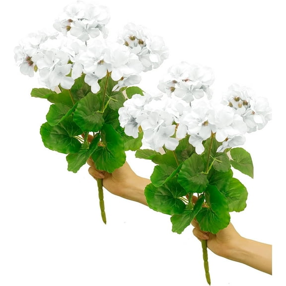 ZOELNIC 2pcs Artificial Geraniums Silk Flowers Plants Artificial Geraniums Bundles Faux Flowers for Home Wedding Kitchen Table Centerpieces Decor(White)