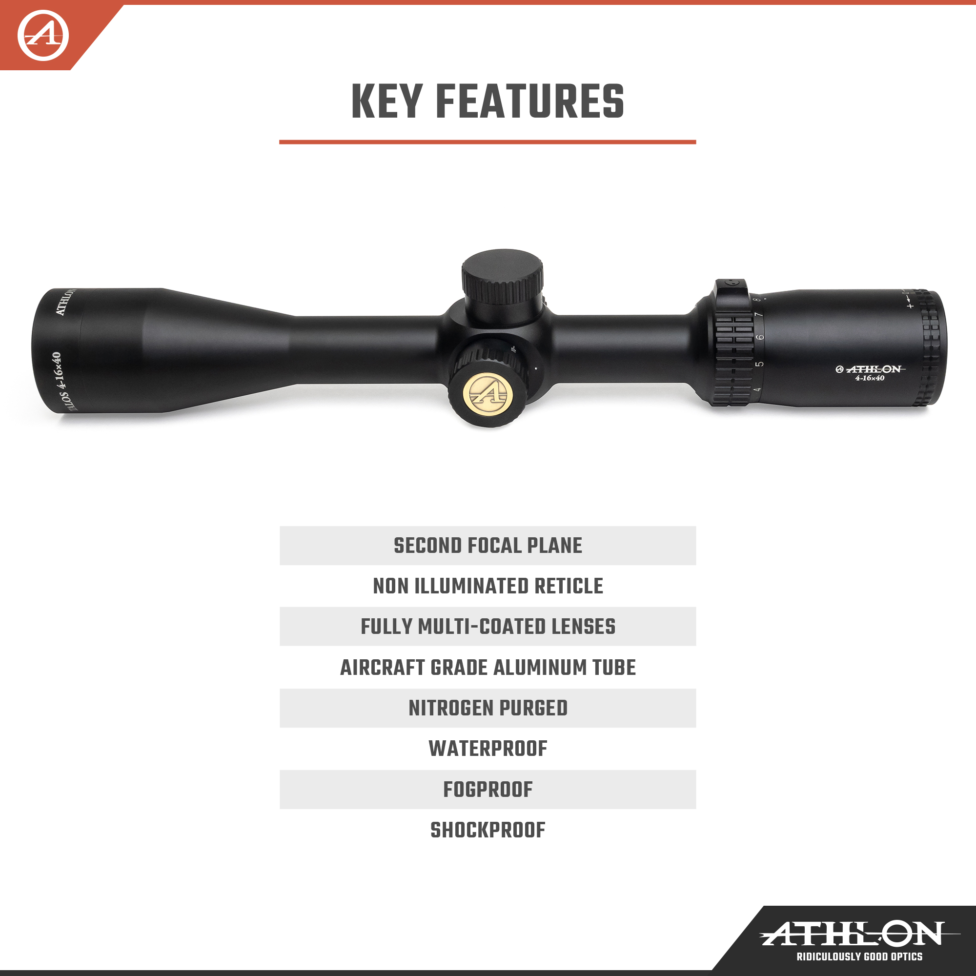 Athlon Optics Talos Riflescope, 4-16 x 40, SFP, 1in Tube, MIL Dot Reticle, Lifet