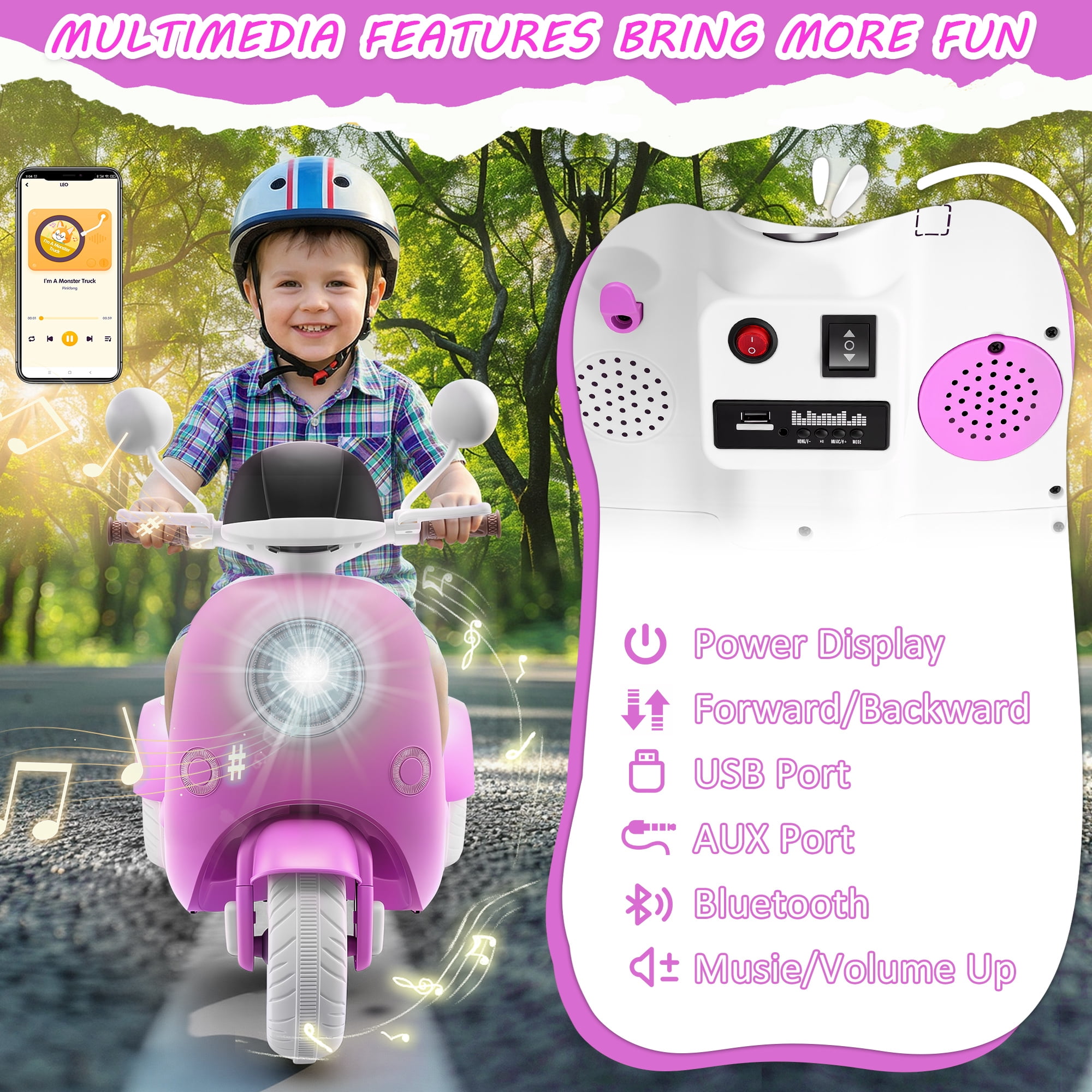 Farmdex 12V Kids Electric Motorcycle, 2 Seater Ride on Toys, 3 Wheel Ride on Motorcycle with Storage Box, USB, Music, LED Lights, Age 2+, Rose Red