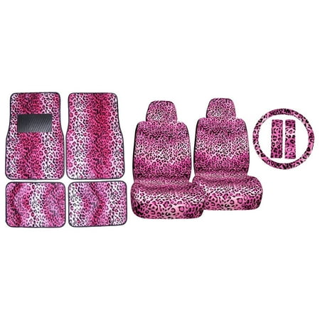 11pc Pink Leopard Safari Low Back Seat Cover Shoulder Pads and Carpet Floor Mats