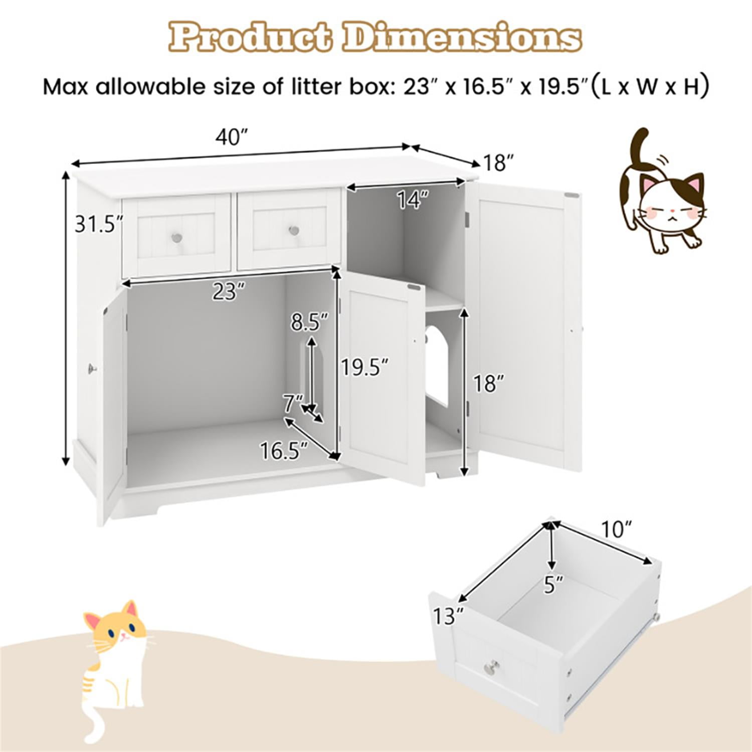 resenkos 40" Cat Litter Box Enclosure with 2 Drawers and 3 Doors, Hidden Litter Box for Cats, Cat House Furniture for Side Table or Nightstand, White