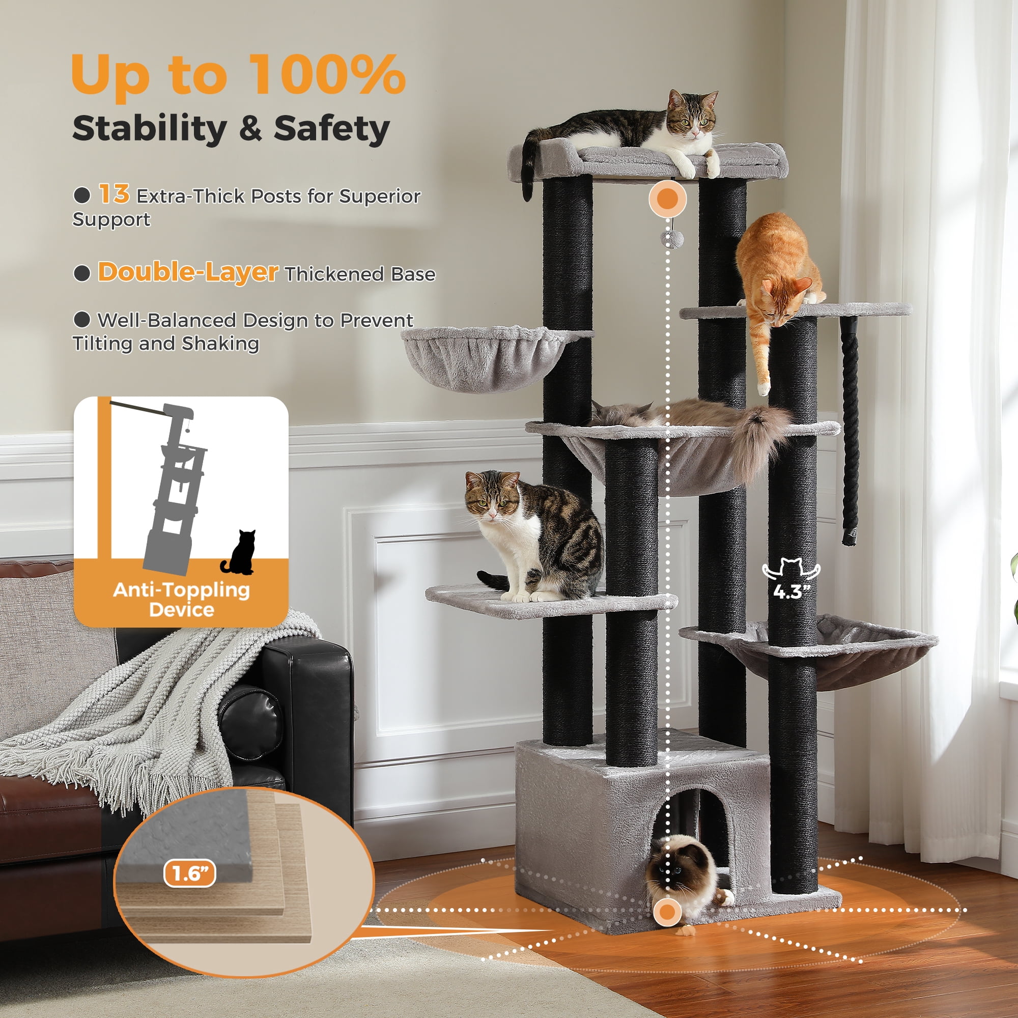 PAWZ Road 67" Extra Large Cat Tree, Thick Scratching Posts Multi-level Cat tower with 3 Hammocks, Black