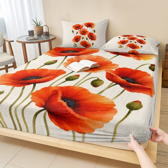 Twin Sze Fitted Sheet Set - Red Poppy Flower 2 Piece Bedding Sets 16" Deep Pocket Fitted Sheet with 1 Pillowcase, Spring Floral Botanical Rustic Beige Brushed Microfiber Hotel Luxury Bed Sheets