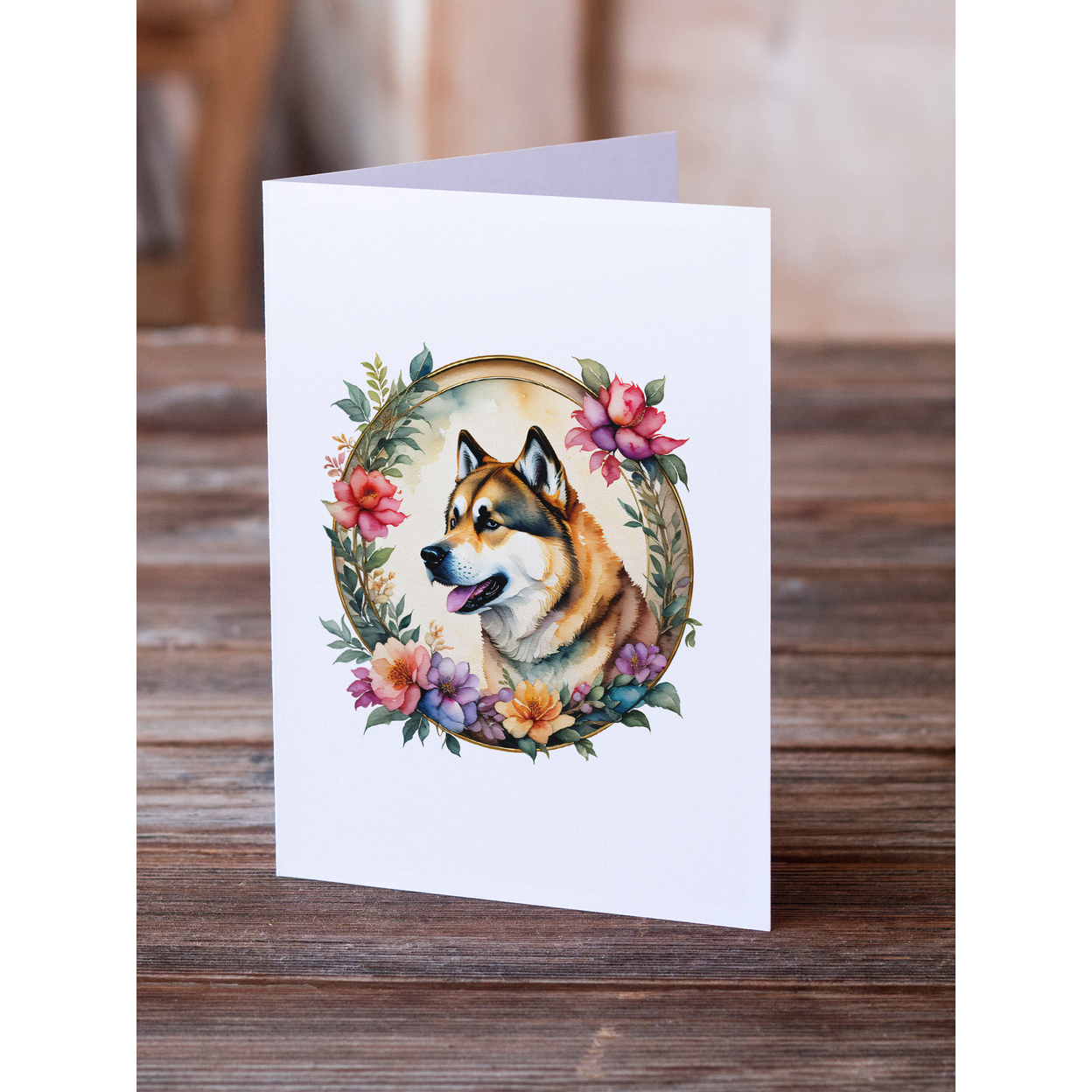 Akita and Flowers Greeting Cards and Envelopes Pack of 8 7 in x 5 in