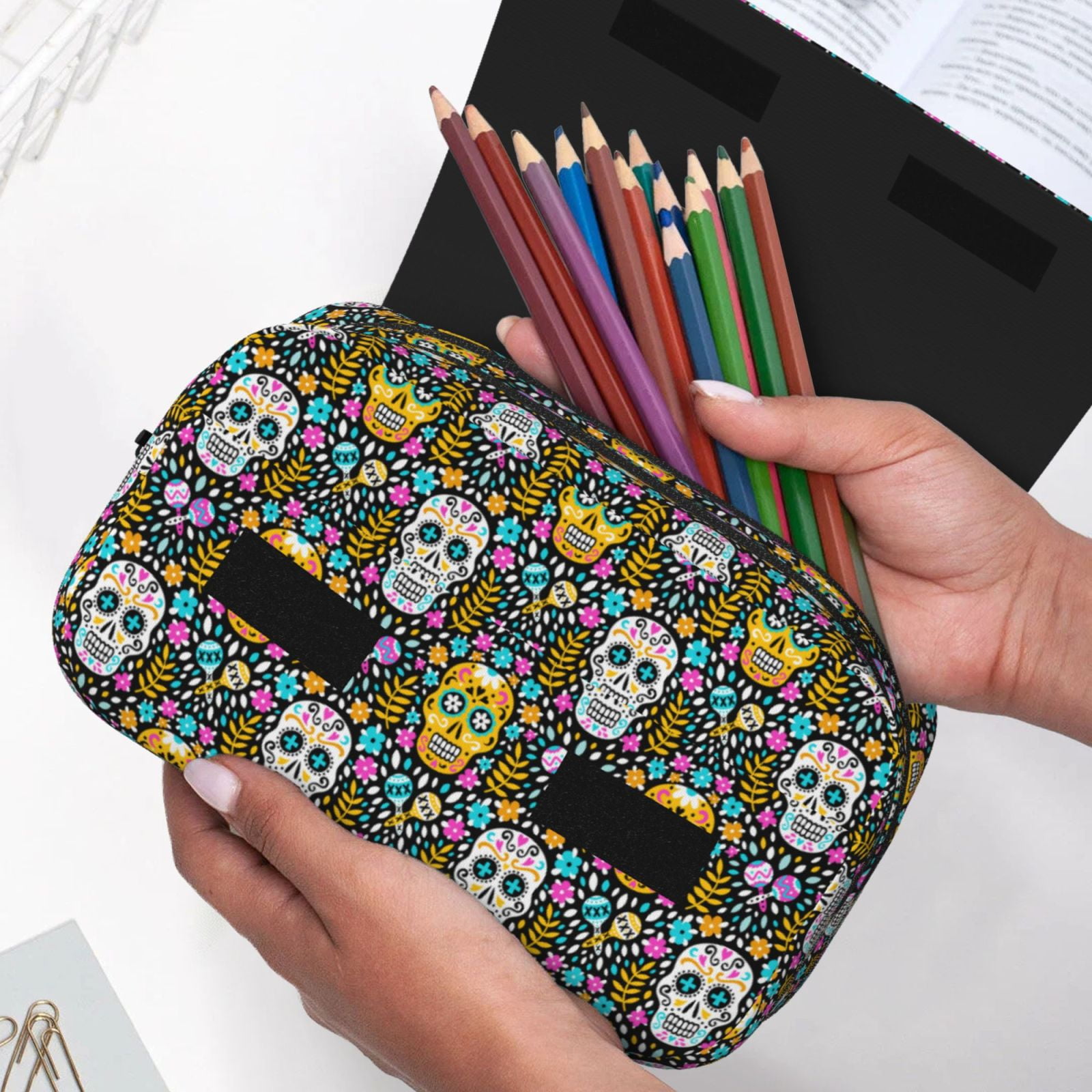 Rateoe Sugar Skulls Pattern Double Clamshell Pen Case, Storage Organizer with Two Zipper Compartments– Holds Up to 50 Pencils & Pens